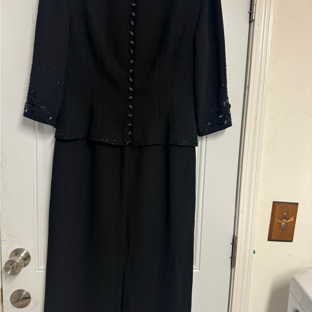 Donna Morgan Black Dress, Sequin Embellishments, 3/4 sleeves, buttons down back - Picture 8 of 12